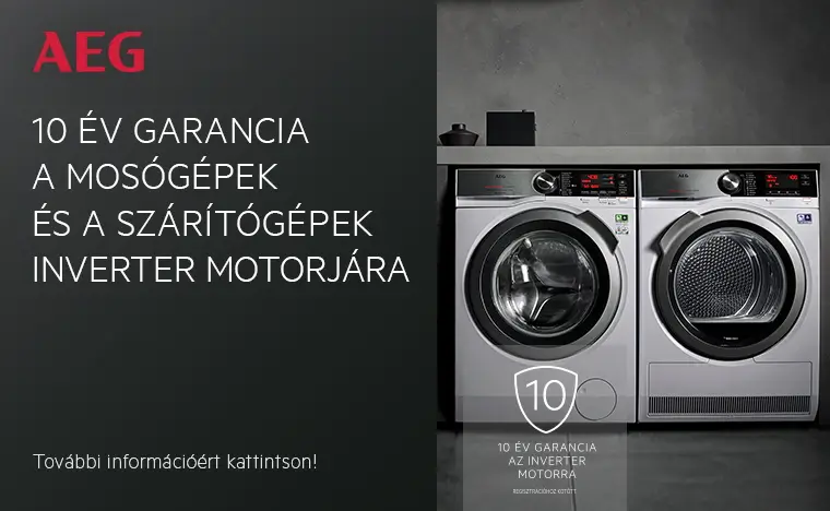 AEG 10 év garancia az inverter motorra mosógép, szárítógép és mosó-szárítógép esetén.