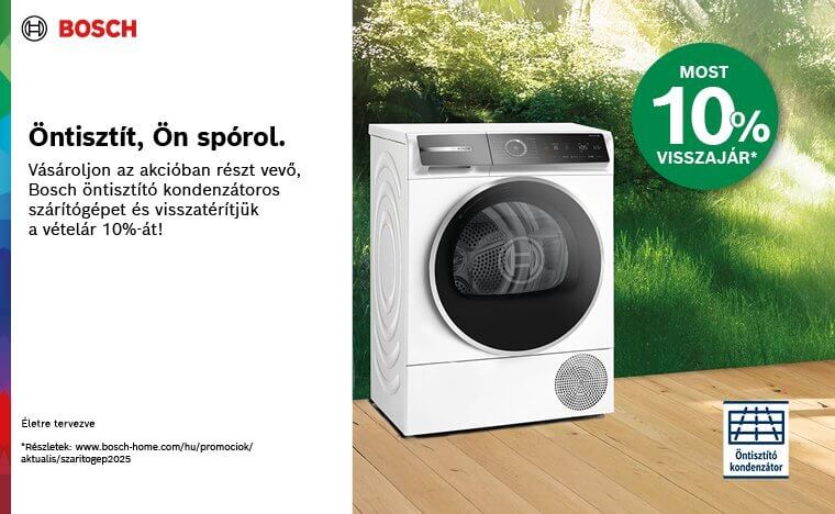 Bosch öntisztító kondenzátoros szárítógépek 10% pénzvisszatérítéssel a preciz.hu-tól! /regisztrációhoz kötött/