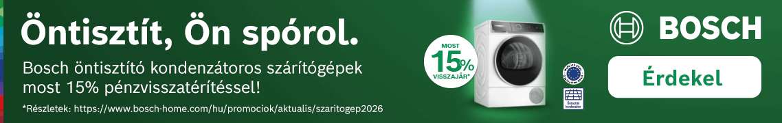 Promócióban résztvevő Bosch öntisztító kondenzátoros szárítógépek vásárlása esetén 15% pénzvisszatérítés! /regisztrációhoz kötött/