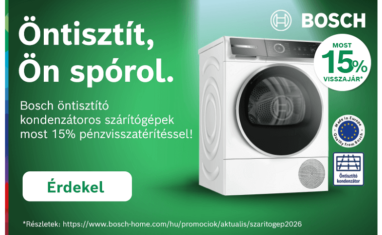Promócióban résztvevő Bosch öntisztító kondenzátoros szárítógépek vásárlása esetén 15% pénzvisszatérítés! /regisztrációhoz kötött/