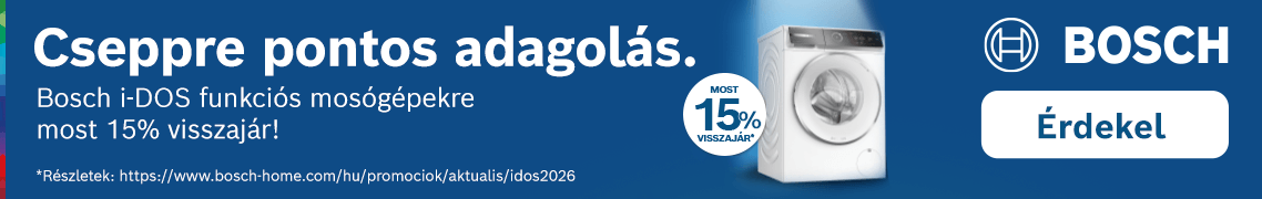 Prómócióban résztvevő Bosch i-DOS funkciós mosógépek vásárlása esetén 15% pénzvisszatérítés! /regisztrációhoz kötött/