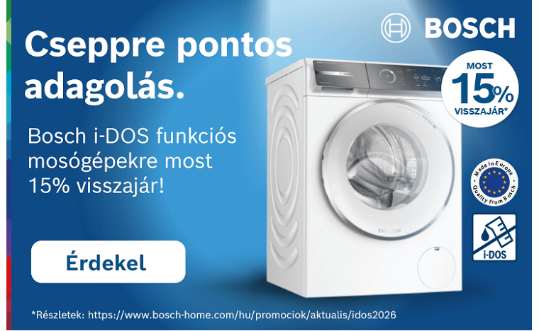 Prómócióban résztvevő Bosch i-DOS funkciós mosógépek vásárlása esetén 15% pénzvisszatérítés! /regisztrációhoz kötött/