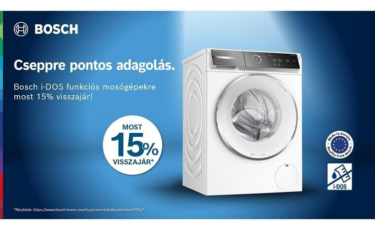 15% pénzvisszatérítés a prómócióban résztvevő Bosch i-DOS funkciós mosógépek vásárlása esetén! /regisztrációhoz kötött/