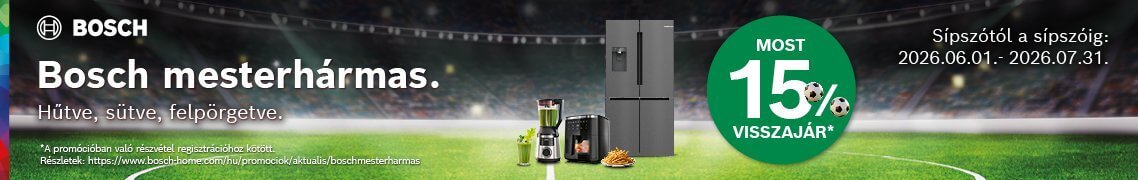 Vásároljon a promócióban részt vevő Bosch XL és XXL hűtőkészüléket, Air Fryert vagy turmixot és a gyártó visszatérít Önnek 15%-ot a bruttó vételárból! /regisztrációhoz kötött/