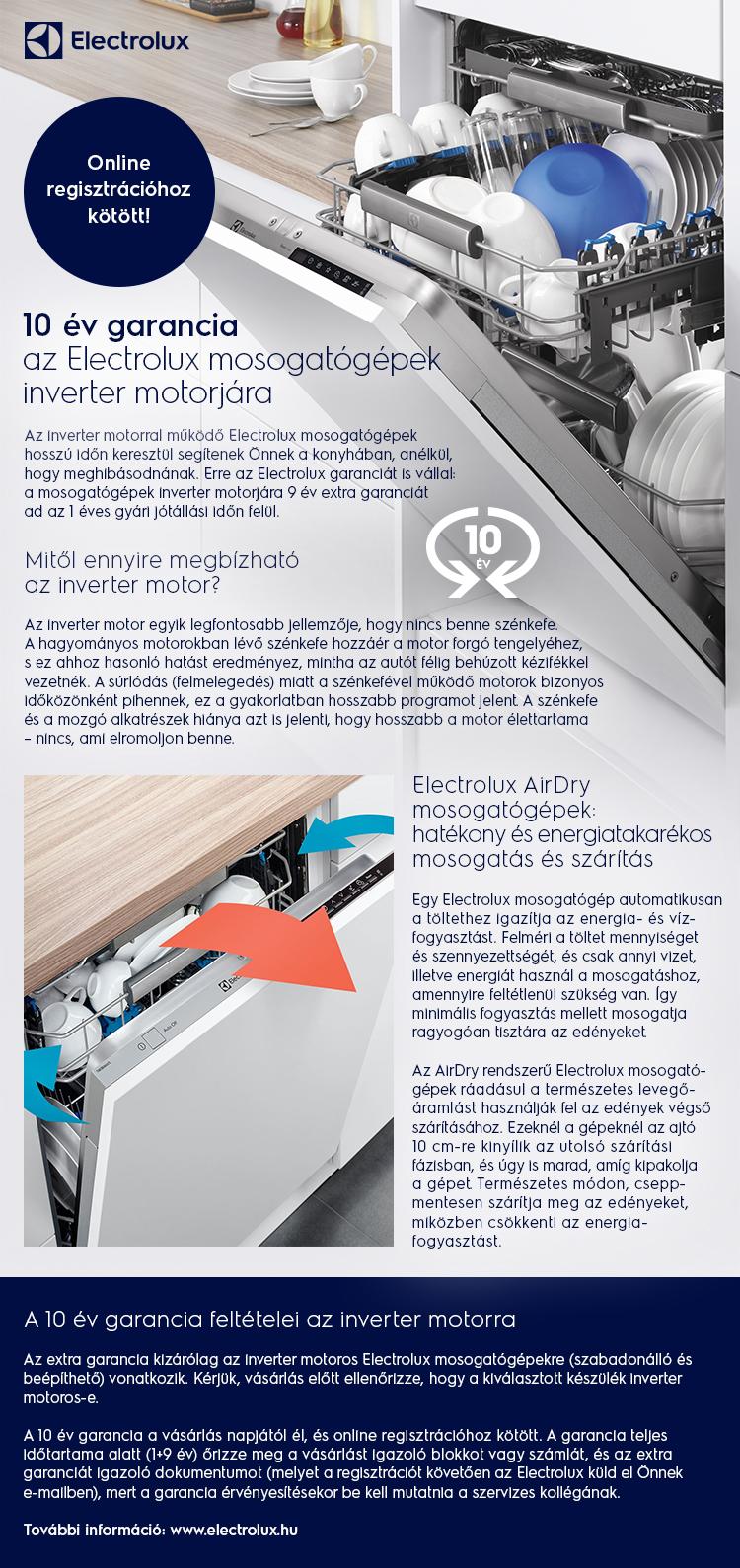 10 év garancia az Electrolux mosogatógépek inverter motorjára a preciz.hu-tól!