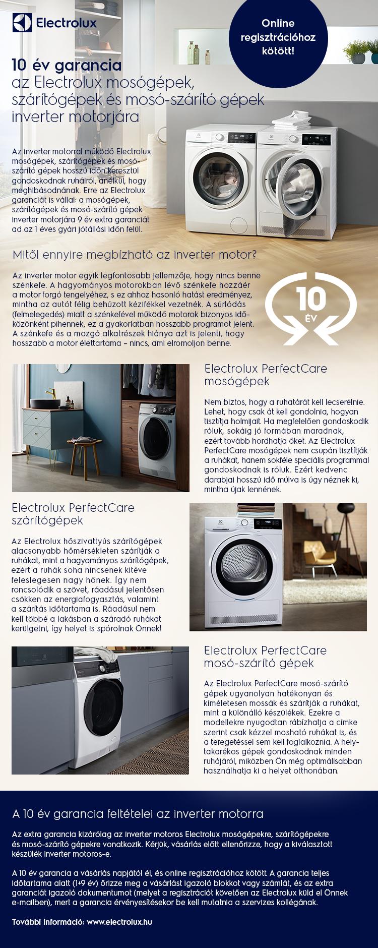 10 év garancia az Electrolux mosógépek, szárítógépek és mosó-szárítógépek inverter motorjára a preciz.hu-tól!