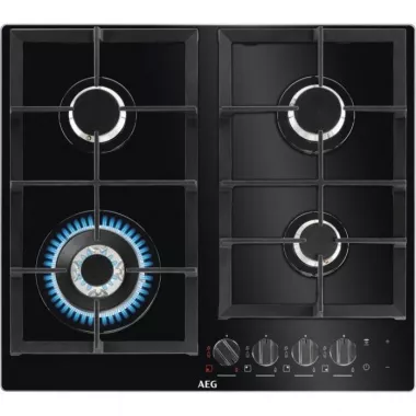AEG HKB64540NB beépíthető gázfőzőlap 60 cm, üvegkerámia, 4 égős, wok, hob2hood, 2 öntöttvas edénytartó, percszámláló