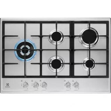 Electrolux KGS7566SX beépíthető gázfőzőlap, 75cm, wok, elölgombos vezérlés, szikragyújtás, kovácsolt vas edénytartók