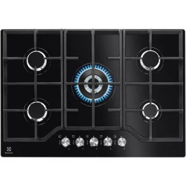 Electrolux KGG7536K beépíthető gázfőzőlap, 75cm, üveglapos kivitel, wok, elölgombos vezérlés, szikragyújtás, kovácsolt vas edénytartók
