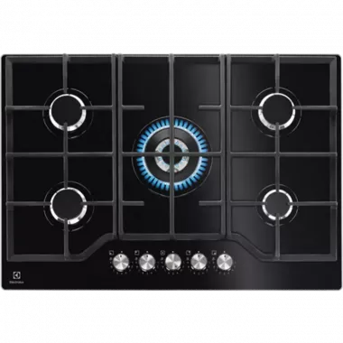 Electrolux KGG75362K beépíthető gázfőzőlap, 75cm, üveglapos kivitel, wok, elölgombos vezérlés, szikragyújtás, kovácsolt vas edénytartók