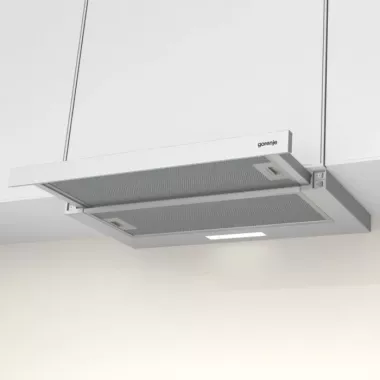 Gorenje TH60E3W beépíthető teleszkópos páraelszívó, fehér, 60 cm, 350 m3/óra, felső szekrénybe építhető, 2 zsírszűrő