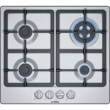 Bosch PGH6B5B90 beépíthető gázfőzőlap, 60cm, wok, nemesacél, elölgombos vezérlés, szikragyújtás, öntöttvas edénytartó rács