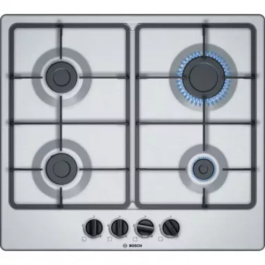 Bosch PGP6B5B60 beépíthető gázfőzőlap, 60cm, nemesacél, elölgombos vezérlés, szikragyújtás, öntöttvas hatású edénytartó rács