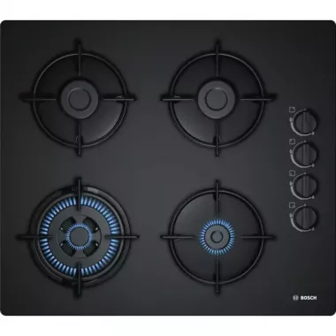 Bosch POH6B6B10 beépíthető gázfőzőlap, 60cm, wok, üveglapos kivitel, oldalgombos vezérlés, szikragyújtás, zománcozott edénytartó rács