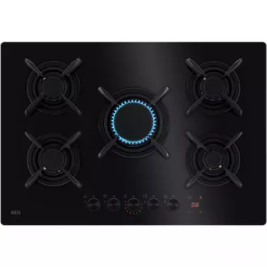 AEG HKB75453NB beépíthető gázfőzőlap, 74 cm, üvegkerámia, 5 égős, hob2hood, kovácsolt vas edénytartók, percszámláló