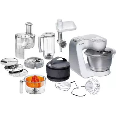 Bosch MUM54251 konyhai robotgép, fehér, 3d-s keverés, dagasztókar, keverőszár, habverő, 3 féle szeletelő és reszelőkorong , 900 w