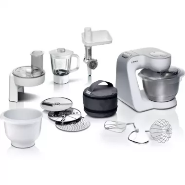 Bosch MUM5824C konyhai robotgép, fehér, 3d-s keverés, dagasztókar, keverőszár, habverő, 3 féle szeletelő/reszelőkorong, 1000 w