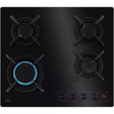 AEG HKB64453NB beépíthető gázfőzőlap, 60 cm, üvegkerámia, 4 égős, hob2hood, 4 kovácsolt vas edénytartó, percszámláló