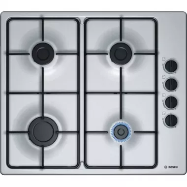 Bosch PBP6B5B80H beépíthető gázfőzőlap, 60 cm, nemesacél, oldalgombos vezérlés, szikragyújtás, zománcozott edénytartó rács