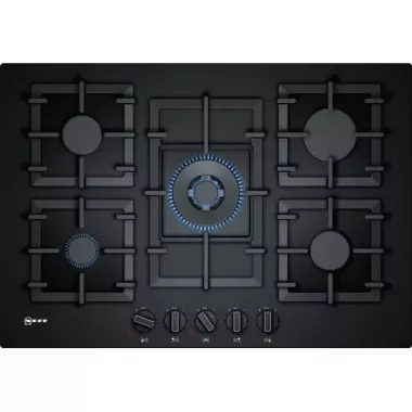 Neff T27CA59S0 beépíthető gázfőzőlap, 75 cm, üvegkerámia, fekete, wok, elölgombos vezérlés, szikragyújtás, öntöttvas edénytartó rács