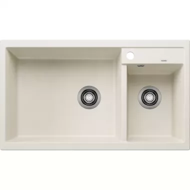 Blanco Metra 9 Silgranit mosogató excenter nélkül, egyenes vonalú, nagy főmedence + kiegészítő medence, nagyméretű csaptelepsáv, lapos perem /törtfehér/
