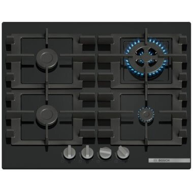 Bosch PNH6B6K40 beépíthető gázfőzőlap, 60cm, wok, üveglapos kivitel, elölgombos vezérlés, szikragyújtás, öntöttvas edénytartó rács