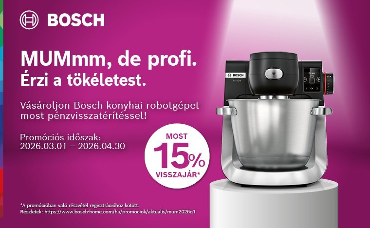 15% pénzvisszatérítés Bosch MUM konyhai robotgépek vásárlása esetén! /regisztrációhoz kötött/ 15% pénzvisszatérítés Bosch MUM konyhai robotgépek vásárlása esetén! /regisztrációhoz kötött/